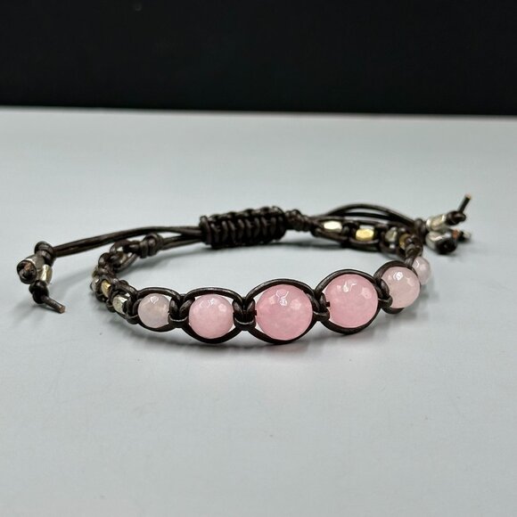 Lucky Brand Jewelry - Lucky Brand Pink Rose Quartz Beaded Brown Leather Bracelet Adjustable Cord